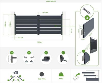 Portail battant 3m VOGEL H.120cm + 2 poteaux H.166cm aluminium gris