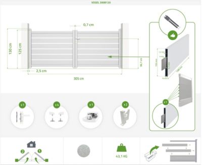 Portail battant 3m VOGEL H.120cm + Portillon 1m VOGEL H.120cm aluminium blanc