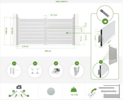 Portail battant 3m VOGEL H.140cm + 2 poteaux H.166cm aluminium blanc