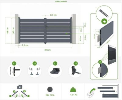 Portail battant 3m VOGEL H.140cm + 2 poteaux H.166cm aluminium gris