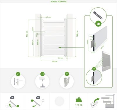 Portail battant 3m VOGEL H.140cm + Portillon 1m VOGEL H.140cm aluminium blanc