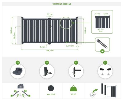 Portail battant 3x1,4m VEYMONT + Portillon 1m VEYMONT H.1,4m gris