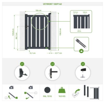 Portail battant 3x1,4m VEYMONT + Portillon 1m VEYMONT H.1,4m gris