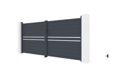 Portail battant 4m CIMONE H.160cm alu + 2 poteaux EIFEL 15x15cm H.190cm GRIS