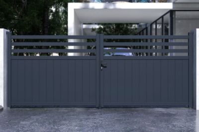 Portail battant 4m NEVIS H.160cm alu gris + 2 poteaux 20x20cm H.190cm