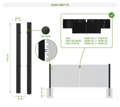 Portail battant acier 3,5M NALI ARLBERG H.120cm Noir mat + 2 poteaux acier DARIO