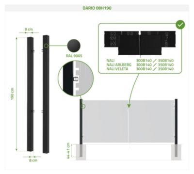 Portail battant acier 3,5M NALI ARLBERG H.140cm Noir mat + 2 poteaux acier DARIO