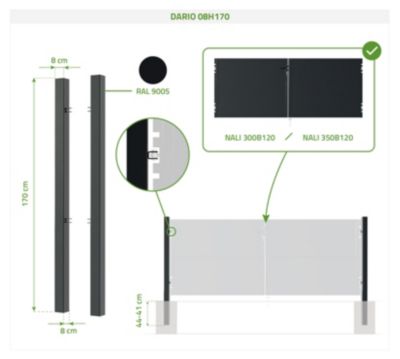 Portail battant acier 3,5m NALI H.120cm NOIR BRILLANT + 2 Poteaux acier DARIO