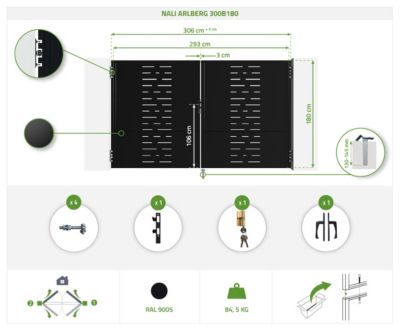 Portail battant acier 3m NALI ARLBERG H.180cm noir mat