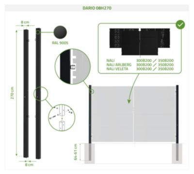 Portail battant acier 3M NALI ARLBERG H.200cm Noir mat + 2 poteaux acier DARIO