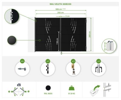 Portail battant acier 3M NALI VELETA H.200cm Noir mat + 2 poteaux acier DARIO