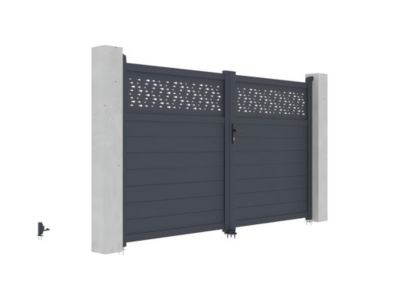 Portail battant aluminium semi plein à motifs L305 x H181 cm anthracite - BAZIO