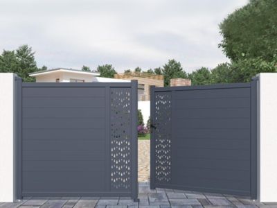 Portail battant aluminium semi plein à motifs L355 x H181 cm anthracite GREGOR