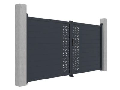 Portail battant aluminium semi plein à motifs L355 x H181 cm anthracite GREGOR