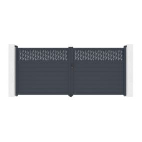 Portail battant aluminium semi plein à motifs L397 x H181 cm anthracite - BAZIO