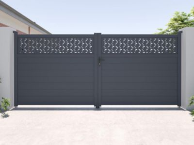 Portail battant aluminium semi plein à motifs L397 x H181 cm anthracite - BAZIO