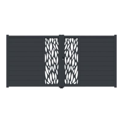 Portail battant avec panneau décoratif feuille aluminium gris l.350cm x H.167,8 x P.4 cm Neva Klikstrom