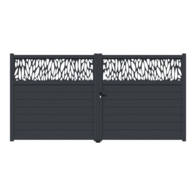 Portail battant avec panneau décoratif feuille aluminium gris l.350cm x H.174,8 x P.4 cm Neva Klikstrom