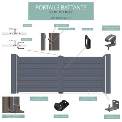 Portail battant en aluminium Azyr 3.56X1.39M gris anthracite 7016