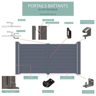 Portail battant en aluminium ILY l.3.56 x h.1.83 m gris 7016