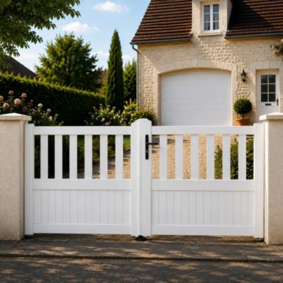 Portail battant manuel PVC blanc structure renforcée H 125 x L 300 cm semi-ajouré ETRETAT