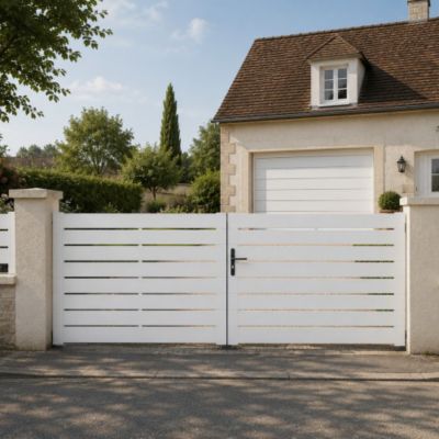 Portail battant manuel PVC blanc structure renforcée H 140 x L 300 cm ajouré LYON