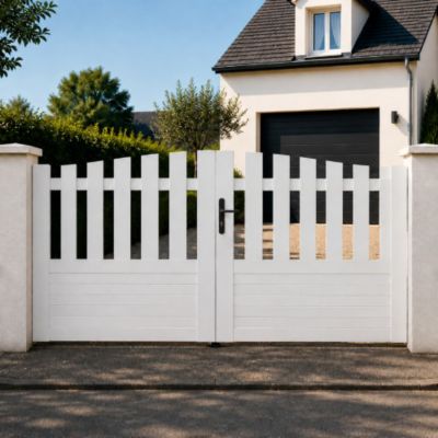 Portail battant manuel PVC blanc structure renforcée H 145 x L 300 cm ALENÇON chapeau de gendarme