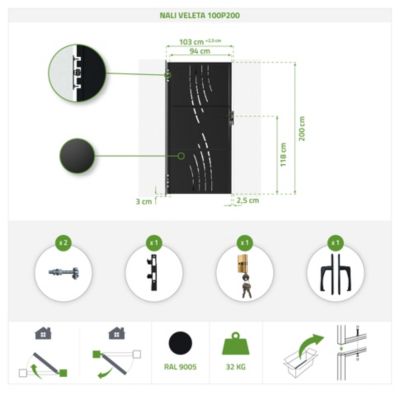 Portail battant NALI VELETA 3m H.200cm + Portillon H.200cm noir