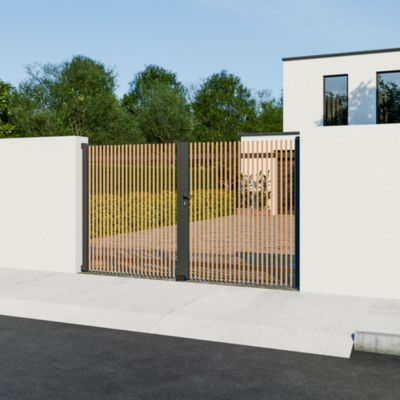 Portail battant tasseau aluminium chêne clair et gris RAL 7016 l.300 x H.170 cm 4ALU
