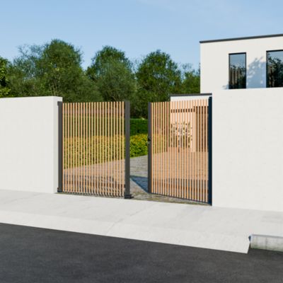 Portail battant tasseau aluminium chêne clair et gris RAL 7016 l.300 x H.170 cm 4ALU