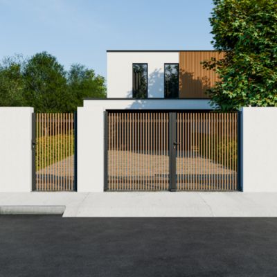 Portail battant tasseau aluminium chêne clair et gris RAL 7016 l.300 x H.170 cm 4ALU