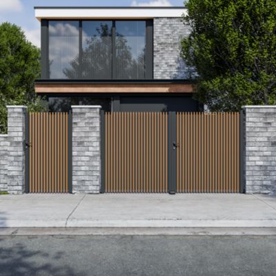 Portail battant tasseau plein aluminium chêne clair et gris RAL 7016 l.300 x H.170 cm 4ALU