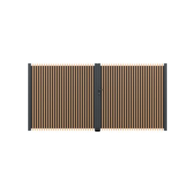 Portail battant tasseau plein aluminium chêne clair et gris RAL 7016 l.350 x H.170 cm 4ALU