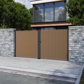 Portail battant tasseau plein aluminium chêne clair et gris RAL 7016 l.350 x H.170 cm 4ALU