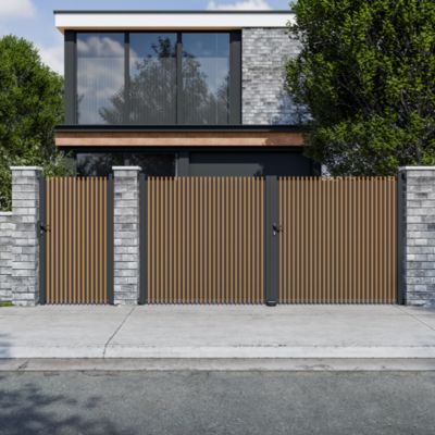 Portail battant tasseau plein aluminium chêne clair et gris RAL 7016 l.350 x H.170 cm 4ALU
