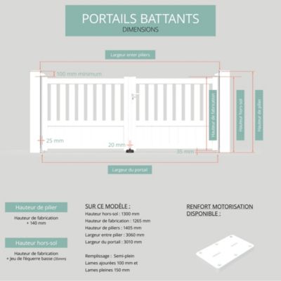 Portail Belty battant en aluminium Duny - 299 x h.130 cm - Blanc