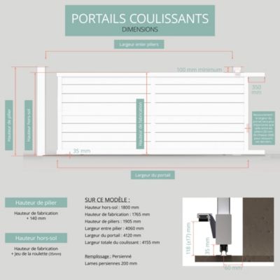 Portail Belty coulissant en aluminium Ily - 412 x h.180 cm - Blanc - Refoulement gauche