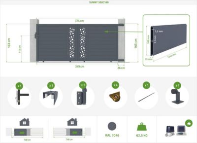 Portail coulissant 3,5m SUNNY H.160cm + 2 poteaux H.190cm aluminium gris