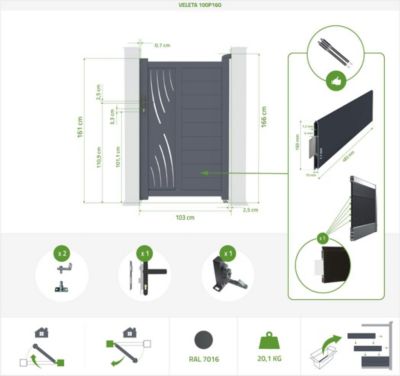 Portail coulissant 3,5m VELETA H.160cm + Portillon 1m VELETA H.160cm aluminium gris