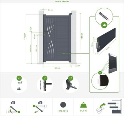 Portail coulissant 3m VELETA H.180cm + Portillon 1m VELETA H.180cm aluminium gris