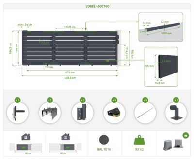 Portail coulissant 4,5m VOGEL H.160cm alu + motorisation RANGER C300