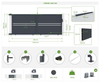 Portail coulissant 4m CIMONE H.160cm alu + motorisation RANGER C300