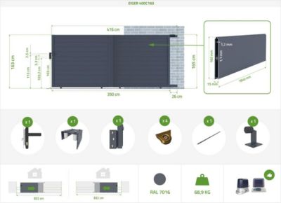 Portail coulissant 4m EIGER H.160cm alu gris + 2 poteaux 20x20cm H.190cm