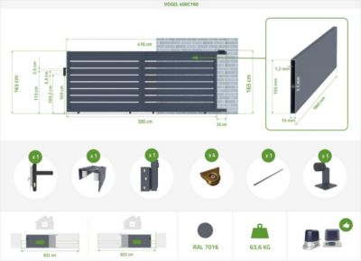 Portail coulissant 4m VOGEL H.160cm alu gris + 2 poteaux 20x20cm H.190cm