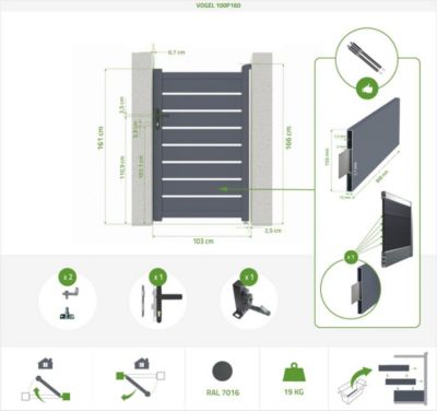 Portail coulissant 4m VOGEL H.160cm + Portillon 1m VOGEL H.160cm aluminium gris