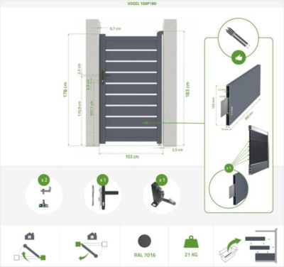 Portail coulissant 4m VOGEL H.180cm + Portillon 1m VOGEL H.180cm aluminium gris