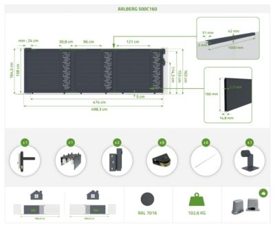 Portail coulissant 5m ARLBERG H.160cm alu + portillon ARLBERG H160 GRIS