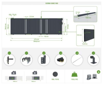 Portail coulissant 5m GIONA H.160cm alu gris + Portillon 1M CIMONE H.160cm alu