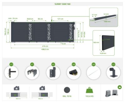 Portail coulissant 5m SUNNY H.160cm alu + motorisation TANKER C600