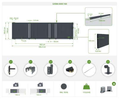 Portail coulissant 6m GIONA H.160cm alu gris + Portillon 1M CIMONE H.160cm alu